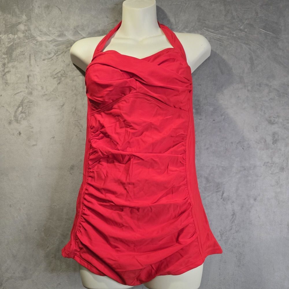 One‎ Piece Swimsuit Size Large Red Halter Top Padded Bra High Back